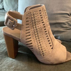 Light pink suede heeled boots